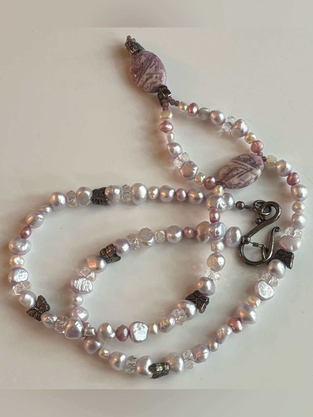 Sterling Silver Baroque Pearl Lariat Necklace Carved Purple Gemstone Butterfly